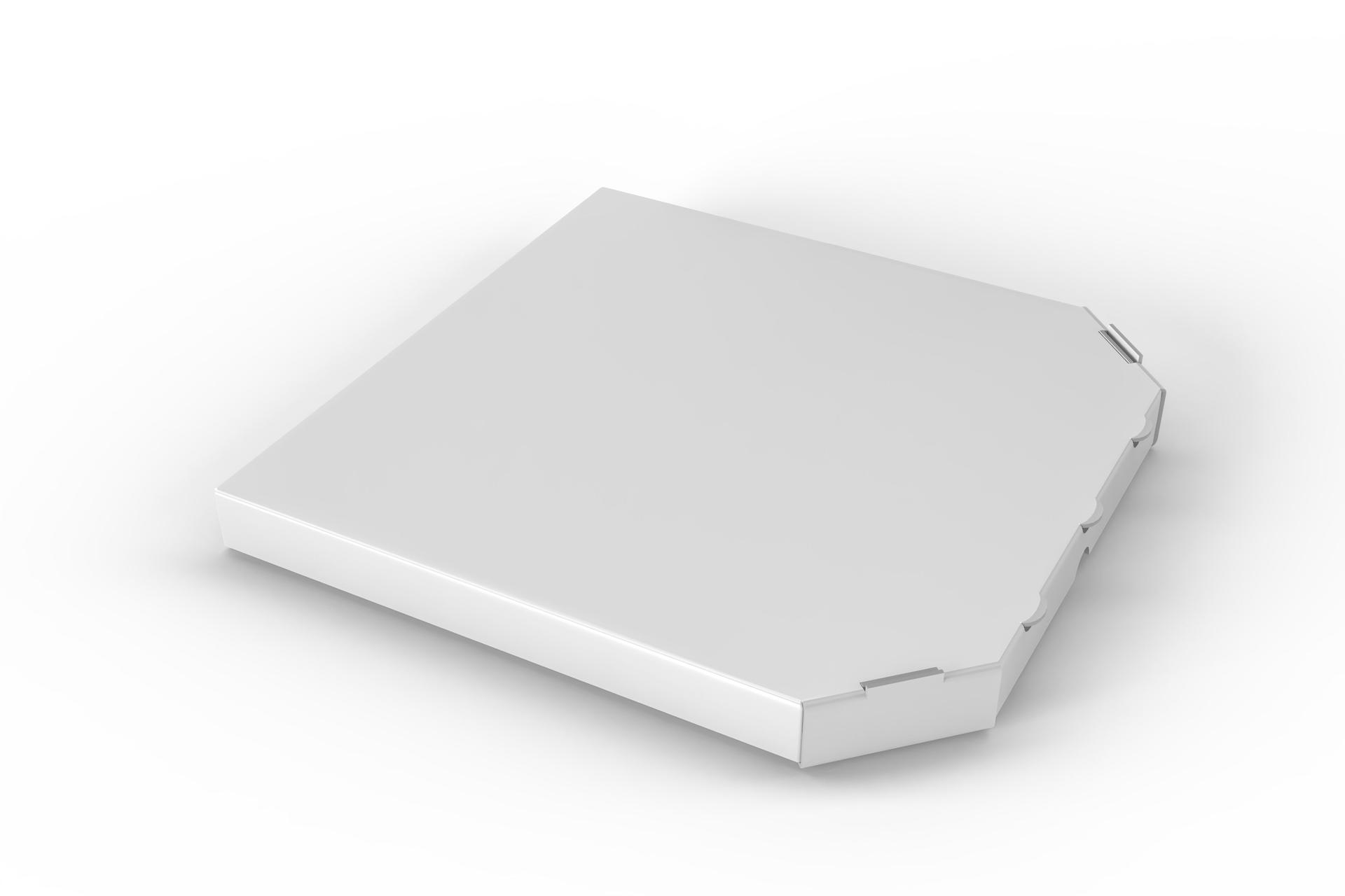 Realistic 3d pizza packaging mockup template. Empty delivery food carton cardboard kraft texture square box container isolated on background. For branding restaurant delivery, fast food lunch and ads