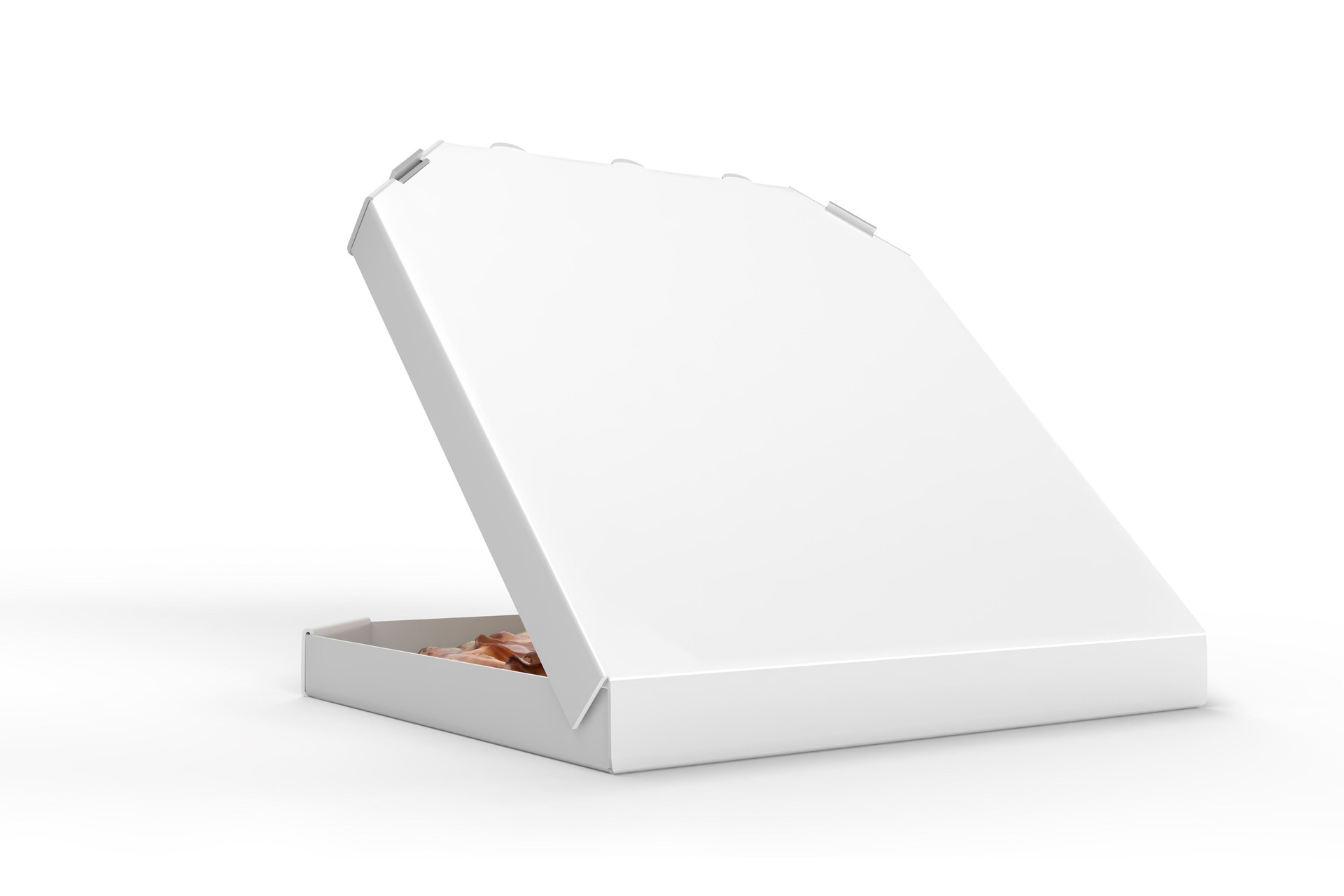 Realistic 3d pizza packaging mockup template. Empty delivery food carton cardboard kraft texture square box container isolated on background. For branding restaurant delivery, fast food lunch and ads